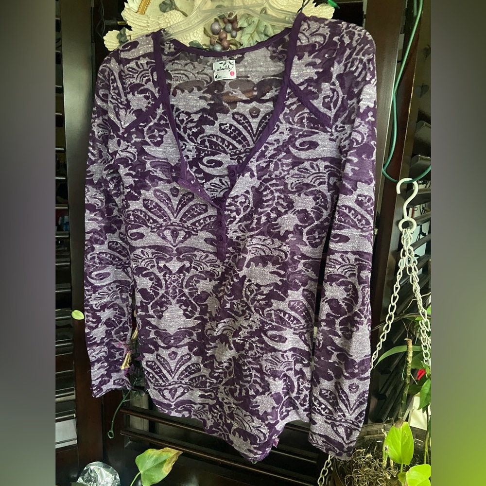 Free People Intimately Paisley Plunged Neckline Long Sleeve See-Through Top